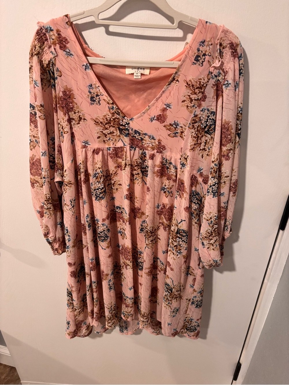 Umgee Pink Floral V-Neck Women’s Babydoll Dress-Medium